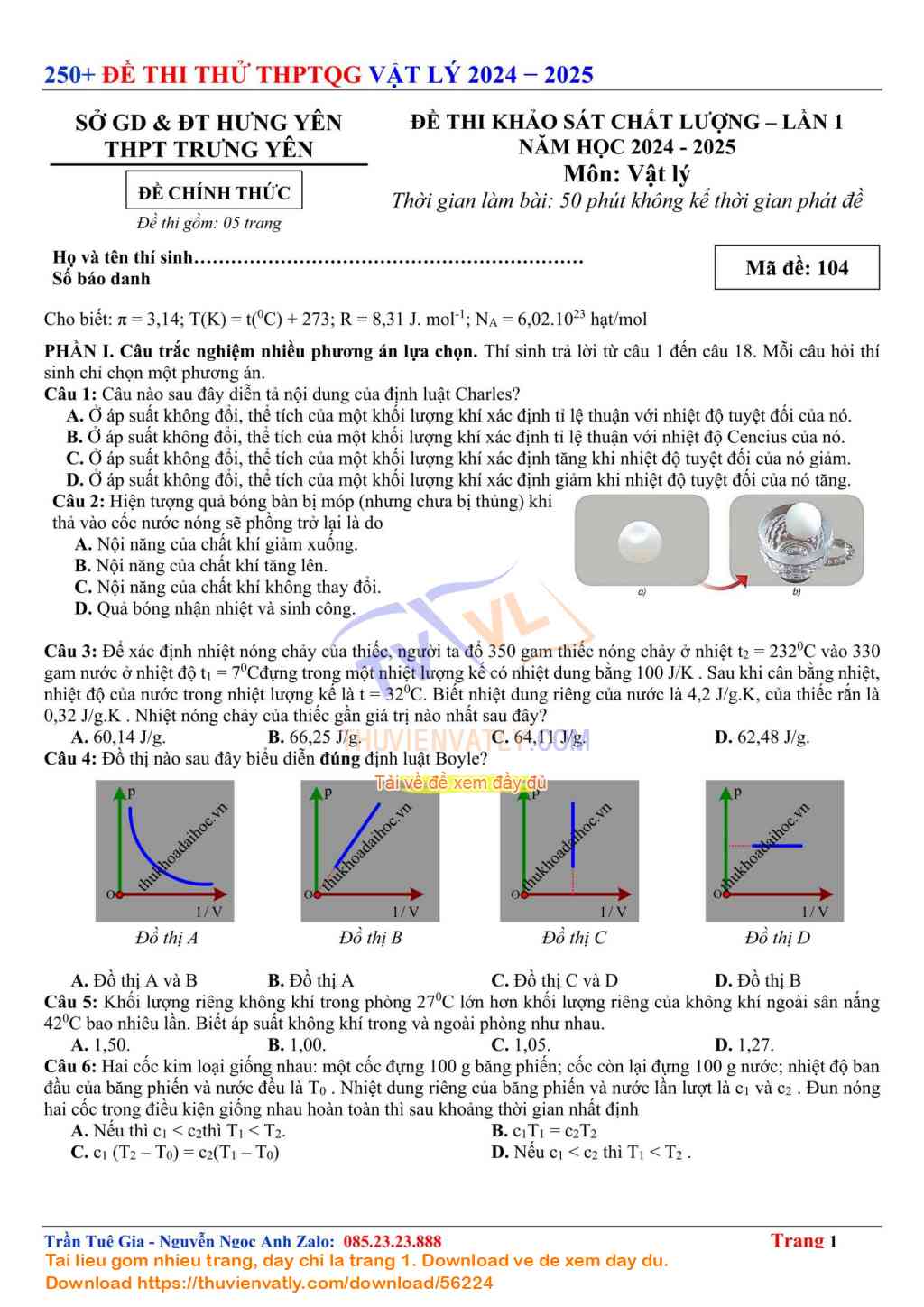 Đề thi thử Khảo sát Chất lượng Vật lý 12 – THPT Trưng Vương Hưng Yên 2024 – 2025