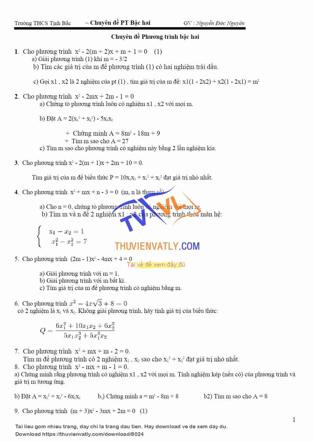 Hệ thức Viet và các bài tập về phương trình bậc 2