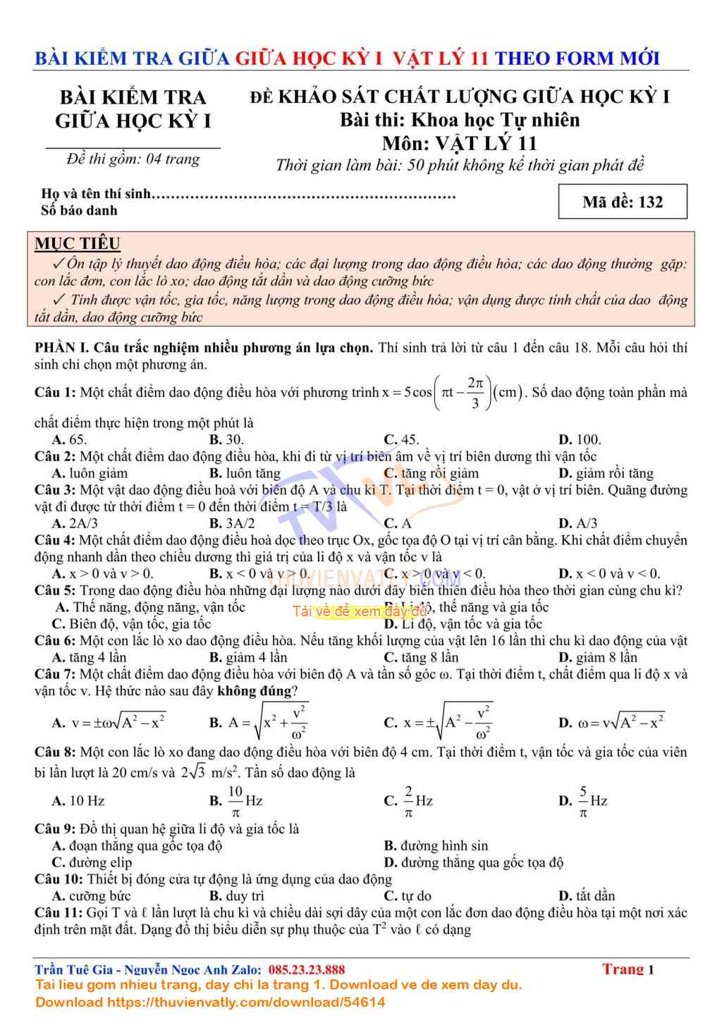 Bài Kiểm Tra Giữa Kỳ 1 Vật lý 11 lần 3 - Theo Minh hoạ Của Bộ Giáo dục và Đào tạo