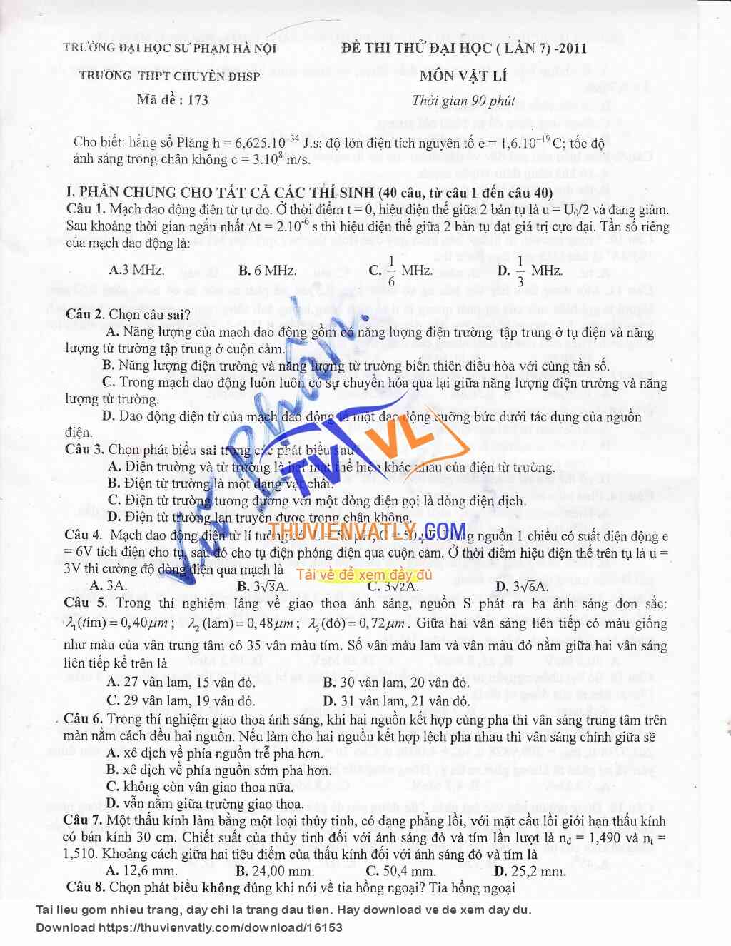 Đề thi thử ĐHSP Hà Nội lần 7- 2011