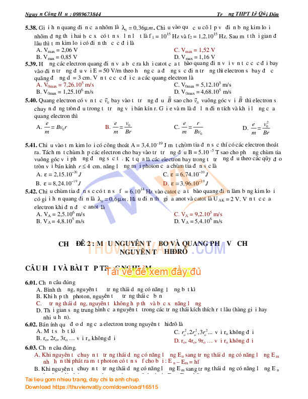 Trắc nghiệm vật lý 12 NC toàn tập - chương 7