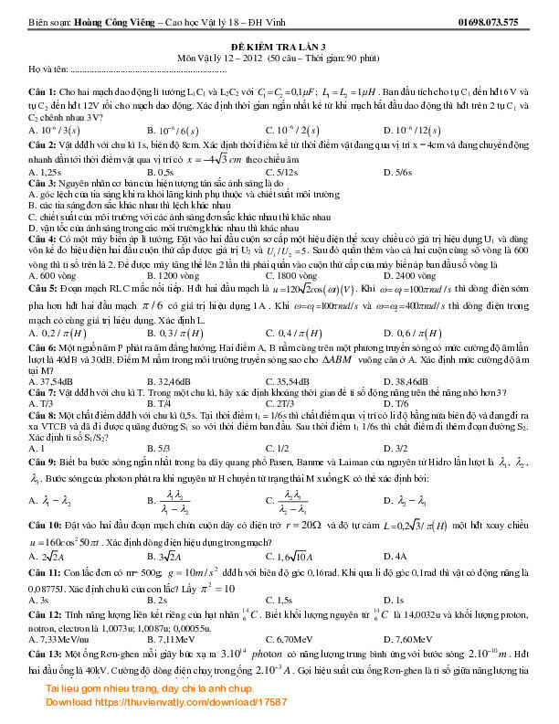 Đề thi thử ĐH môn Vật lý - Lần 3 - 2012 - Hay - Chỉnh sửa - Có đáp án
