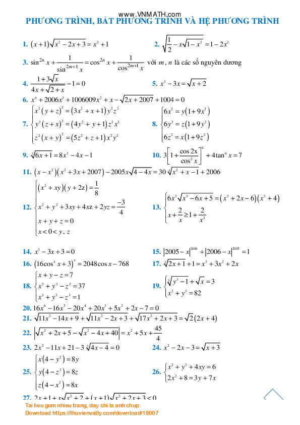 Tài liệu môn Toán Phương trình vô tỷ - hệ phương trình