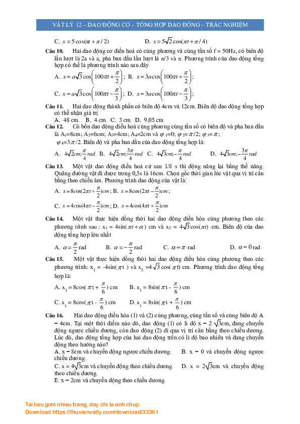 Vật lý 12 - Dao động cơ - Tổng hợp dao động - Bài tập tự luận_Bản không đáp án