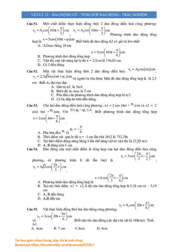 Vật lý 12 - Dao động cơ - Tổng hợp dao động - Bài tập tự luận_Bản không đáp án