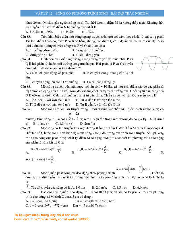 [Vật lý 12]_Sóng cơ_Các đại lượng đặc trưng & quá trình truyền sóng Trắc nghiệm bài tập_Bản có đáp án