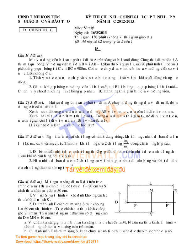 Đề thi HSG cấp tỉnh lý 9 - NH 2013-Kon Tum