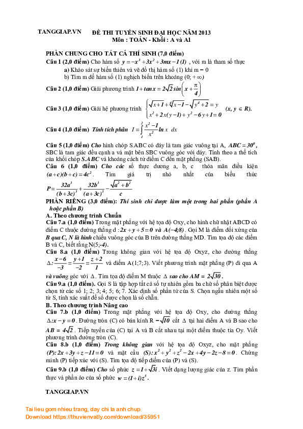 Lời giải chi tiết môn toán ĐH 2013 khối A và A1