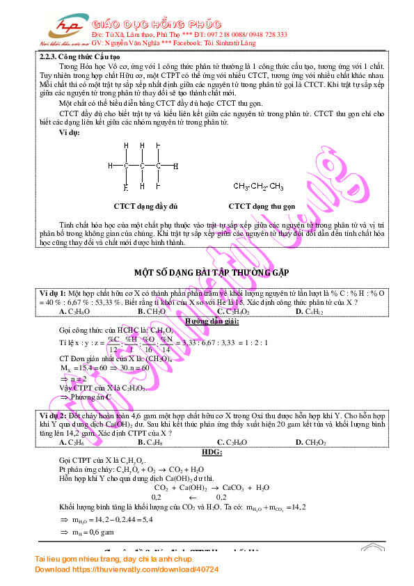 Phương pháp Xác định Công thức phân tử HCHC (bài tập áp dụng)