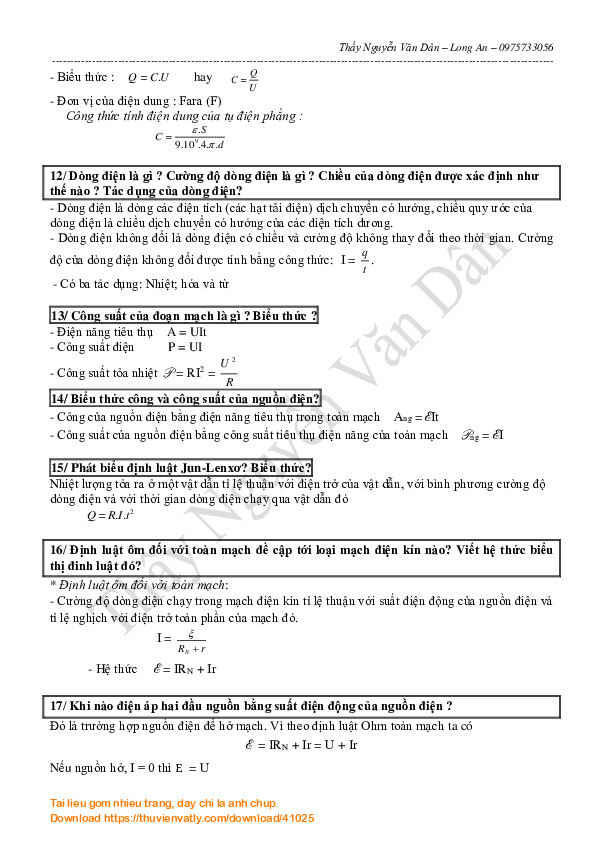55 câu hỏi lý thuyết & bài tập tự luận có đáp số vật lý 11 KH1 lóp 11 CB & NC