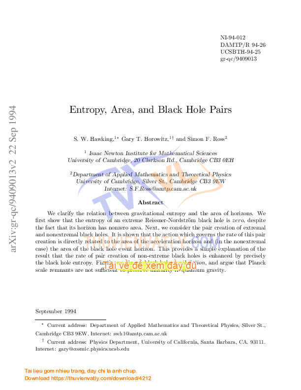 Entropy, Area, and Black Hole Pairs (S. W. Hawking,...)