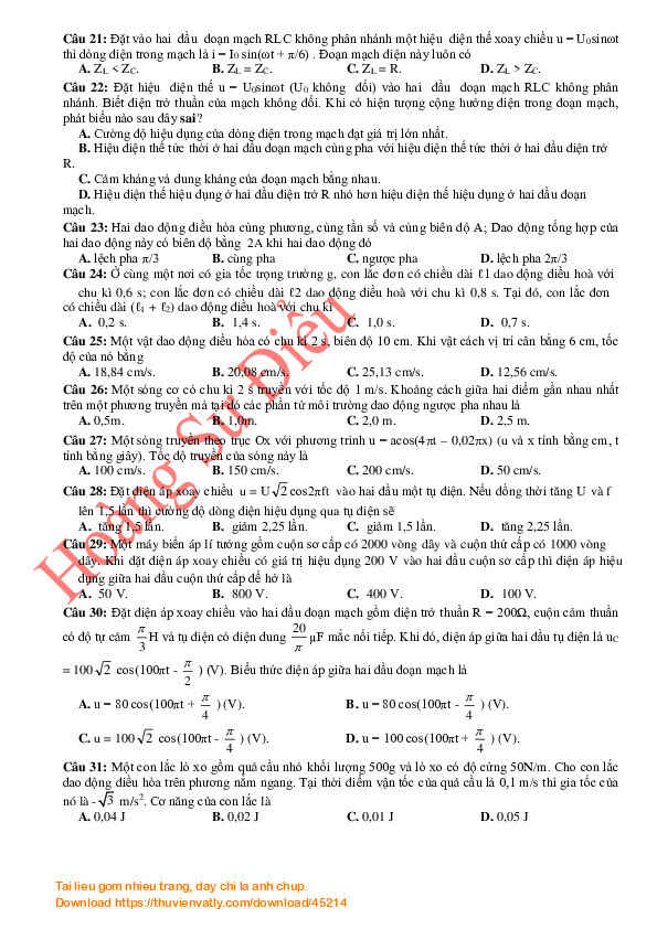 Đề kiểm tra  vật lý 12 chương 1-2-3