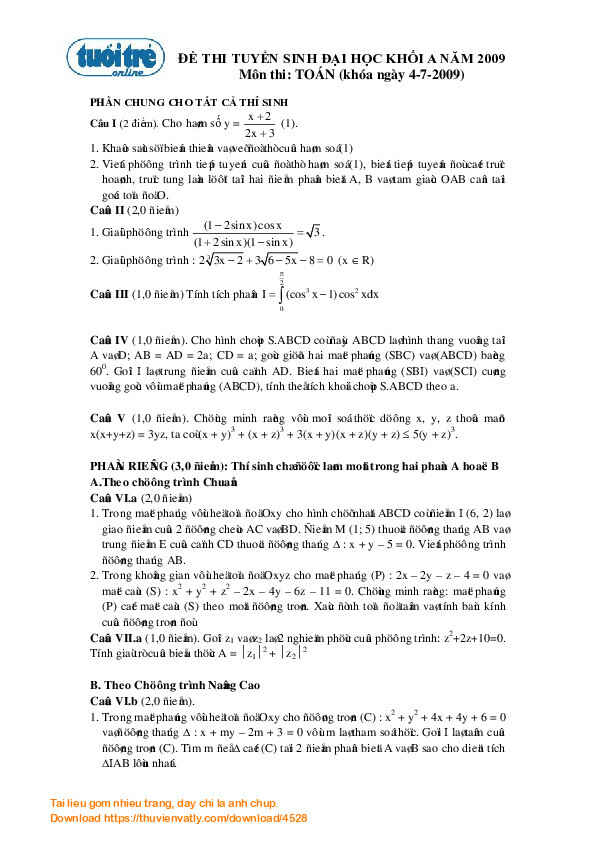 gợi ý giải đề thi môn toán khối A 2009