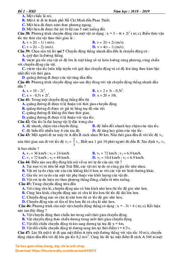 ĐỀ ÔN TẬP SỐ 1 LÝ 10 (CHƯƠNG 1,2)