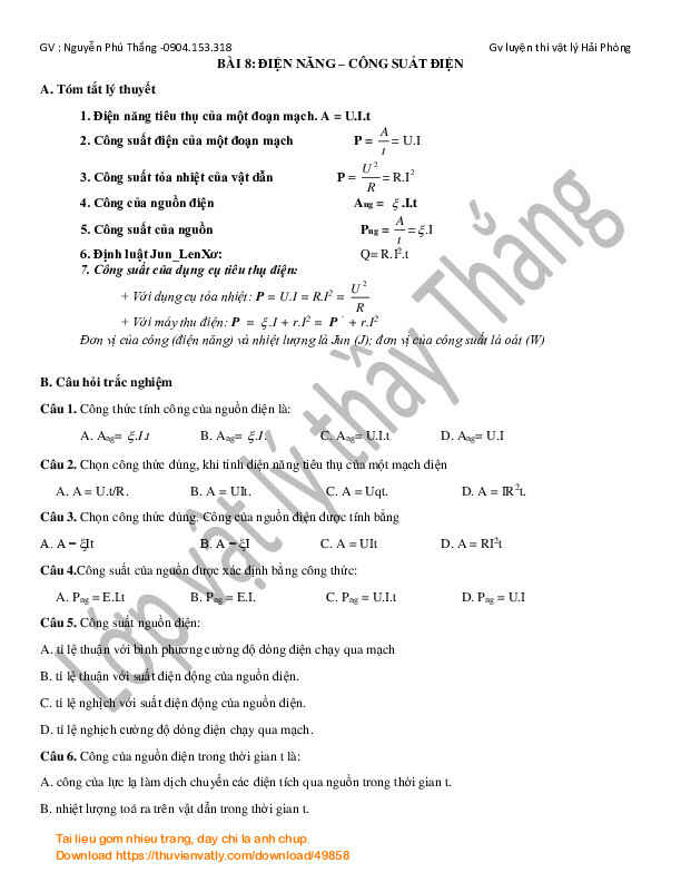 Các dạng bài tập hay chương 2 vật lý 11