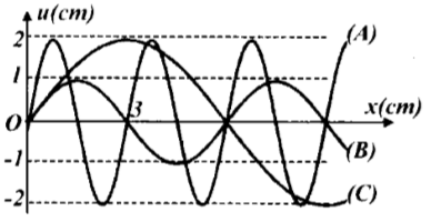 Ba sóng A, B và C truyền được 12 m trong 2,0 s qua cùng một môi trường thể hiện như trên đồ thị. Gọi v1,v2 và v3  lần lượt là tốc độ cực đại của một phần