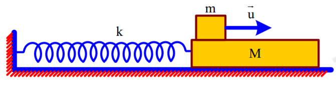 Cho cơ hệ gồm các vật được bố trí như hình vẽ. Vật m có khối lượng 200g được đặt trên tấm ván M dài có khối lượng 200g. Ván nằm trên mặt phẳng nằm ngang nhẵn và được nối với giá bằng một lò xo có độ cứng  (ảnh 1)