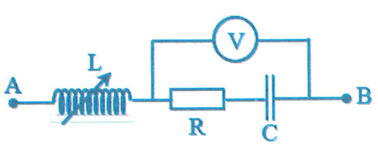Cho đoạn mạch điện xoay chiều như hình vẽ, uAB=1202sin100πtV    ; cuộn dây thuần cảm, tụ điện có điện dung C=10−4πF    . Điều chỉnh L để Vôn kế có giá