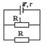 Cho mạch điện có sơ đồ như hình. Cho biết E = 15 V; r = 1 Ω; R1 = 2 Ω  . Biết công suất điện tiêu thụ trên R lớn nhất. Hãy tính R và công suất lớn nhất