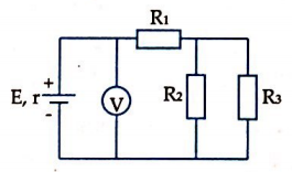 Cho mạch điện như hình bên. Biết nguồn điện có suất điện động E = 12V, điện trở trong r = 1Ω. Các điện trở R1 = 5Ω, R2 = R3 = 8Ω. Số chỉ của vôn kế có