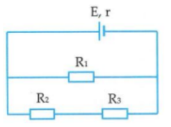 Cho mạch điện như hình vẽ. Biết E = 12 V; r = 1 Ω; R1 = 5 Ω; R2 = R3 = 10 Ω. Bỏ qua điện trở của dây nối. Hiệu điện thế giữa hai đầu R1 là