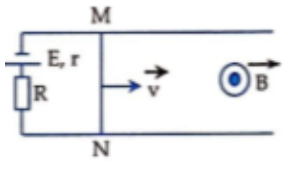 Cho mạch điện như hình vẽ, E = 1,5 V, r = 0,1 Ω, MN = 1 m, RMN = 2 Ω, R = 0,9 Ω   các thanh dẫn có điện trở không đáng kể, B = 0,1 T  . Cho thanh MN chuyển