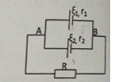 Cho mạch điện như hình vẽ, \[{E_1} = 6\,V,{\rm{ }}{r_1} = 1\,\Omega ,{\rm{ }}{{\rm{E}}_2}{\rm{ = }}\,3\,V,\] \[{r_2} = 3\,\Omega ,{\rm{ }}R = 3\,\Omega