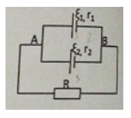 Cho mạch điện như hình vẽ: E1=6V, r1=1 Ω, E2=3 V, r2=3 Ω, R=3 Ω. Tính UAB

 