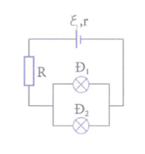 Cho mạch điện như hình vẽ. Nguồn điện có suất điện động ξ=24V và điện trở trong r=1 Ω. Trên các bóng đèn Đ1; Đ2lần lượt có ghi 12 V - 6 W và 12 V – 12