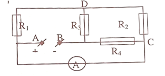 Cho mạch điện (như hình vẽ) trong có R1 =1 Ω, R2= 4 Ω, R3 = 29.2 Ω, R4= 30 Ω. Hiệu điện thế đặt vào 2 đầu mạch A, B là U = 30V. Tính điện trở tương đương