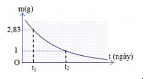Hình bên là đồ thị biểu diễn khối lượng hạt nhân của một chất phóng xạ X phụ thuộc vào thời gian t. Biết t2 – t1 = 5,7 ngày. Chu kỳ bán rã của chất phóng