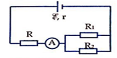 Mạch điện như hình vẽ bên. Suất điện động của nguồn  x  = 12 V, điện trở trong r=1Ω . BiếtR1=6Ω , R2=12Ω . Bỏ qua điện trở dây nối và ampere kế. Số chỉ