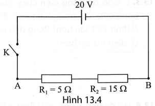 Một mạch điện được mắc như Hình 13.4. Xác định cường độ dòng điện chạy trong mạch và công suất tiêu thụ điện trên điện trở R2 khi đóng khoá K.