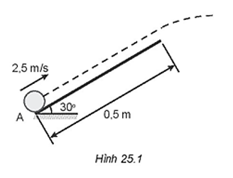 Một quả bóng khối lượng 200 g được đẩy với vận tốc ban đầu 2,5 m/s lên một mặt phẳng nghiêng, nhẵn, dài 0,5 m, hợp với phương nằm ngang góc 300 (Hình 25.1).