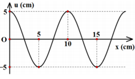 Một sóng cơ truyền trên dây theo phương ngang, tốc độ truyền sóng là 10 cm/s. Tại thời điểm t=0 hình dạng của sợi dây được biểu diễn như hình vẽ. Phương