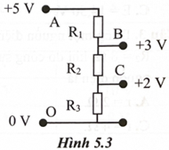 Một trong những ứng dụng quan trọng của điện trở là sử dụng làm mạch chia thế. Sơ đồ mạch điện chia thế như Hình 5.3. Từ nguồn điện 5 V, có thể lấy ra