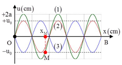Sóng dừng hình thành trên sợi dây đàn hồi OB, hai đầu cố định và tốc độ truyền sóng 400cm/s. Hình ảnh sóng dừng như hình vẽ. Sóng tới B có biên độ a=2cm.