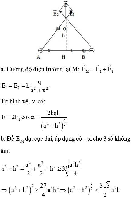 Hai điện tích q1 = q2 = q > 0 đặt tại A và B trong không khí. Cho biết AB = 2a. a. Xác định cường độ điện trường EM tại điểm M trên đường trung trực của AB, cách AB một đoạn bằng h. b. Xác định h để EM cực đại. Tính giá trị cực đại này. (ảnh 1)