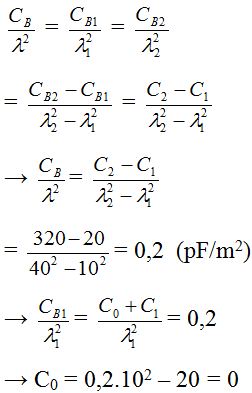 Áp dụng công thức:  

Điện dung của tụ xoay là hàm bậc nhất của góc xoay nên ta có:

Điện dung của bộ tụ:   CB =  C0 + Cx   

 Vì điện dung C tỷ lệ với λ2, nên ta có dãy tỷ số

Từ    và C0 = 0 → C­B = Cx = 0,2. 400 = 80 pF

 Mà Cx = 20 + 2 a   = 80 → a  = 300.