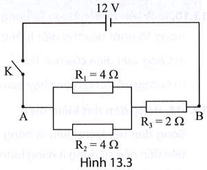 Ba điện trở được mắc theo sơ đồ mạch điện ở Hình 13.3. So sánh công suất tiêu thụ điện trên điện trở R3 và trên điện trở R1 khi đóng khoá  K.