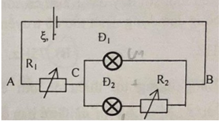 Cho mạch điện như hình vẽ.  Biết ξ = 6,6V; r = 0,12Ω,  Đ1: 6V- 3W;  Đ2 :2,5V- 1,25W. Điều chỉnh  R1 và  R2 sao cho 2 đèn sáng bình thường. Tính giá trị