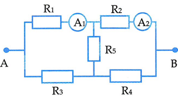 Cho mạch điện như hình vẽ, biết R1=20Ω, R2=15Ω, R3=4Ω  các ampe kế chỉ cùng một giá trị. Xác định điện trở  R4, R5?