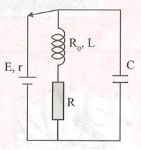 Cho mạch điện như hình vẽ, nguồn có suất điện động ξ=24V, r=1Ω, tụ điện có điện dung C=100μF, cuộn dây có hệ số tự cảm L = 0,2 H và điện trở R0=5Ω, điện