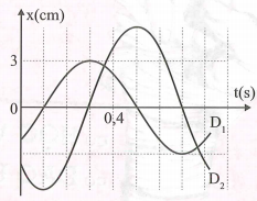 Dao động của một vật có khối lượng 200 g là dao động tổng hợp của hai dao động điều hòa cùng phương D1 và D2. Hình bên là đồ thị biểu diễn sự phụ thuộc