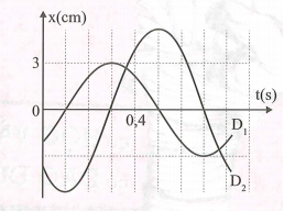 Dao động của một vật có khối lượng 200 g là dao động tổng hợp của hai dao động điều hòa cùng phương D1 và D2. Hình bên là đồ thị biểu diễn sự phụ thuộc