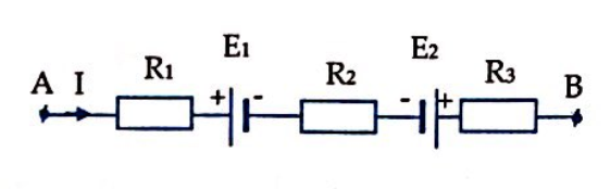 Đoạn mạch như hình vẽ. R1=R3=2Ω,R2=3Ω.  Nguồn điện E1=4V,E2=1V,  điện trở trong các nguồn nhỏ không đáng kể. Dòng điện trong mạch I=3A.  Hiệu điện thế