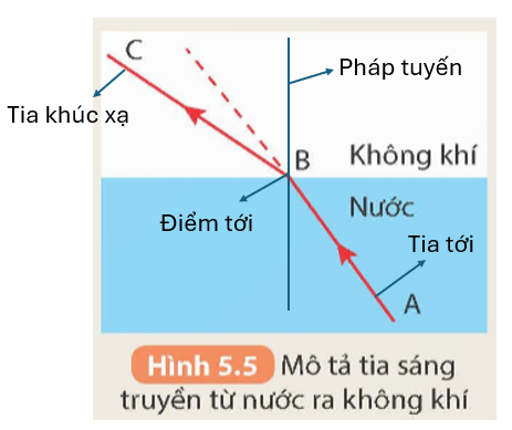 1. 

 

- Độ lớn của góc khúc xạ lớn hơn góc tới.  2.

- Ban đầu, khi không có nước trong cốc, tia sáng truyền đi theo đường thẳng nên ánh sáng từ đồng xu đến mắt người bị thành cốc chắn.

- Khi đổ nước vào cốc thì theo hiện tượng khúc xạ ánh sáng, ánh sáng từ đồng xu truyền từ nước ra không khí sẽ bị gãy khúc và lúc này mắt người có thể thấy được ảnh của đồng xu.