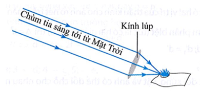 Khi dùng kính lúp hứng ánh sáng mặt trời người ta có thể tạo lửa đốt cháy đám cỏ khô hoặc tờ giấy là vì: Ta biết kính lúp là thấu kính hội tụ có tiêu cự ngắn, chùm ánh sáng từ Mặt Trời có thể coi là chùm ánh sáng song song chiếu tới kính lúp sẽ hội tụ tại tiêu điểm chính. Tại điểm hội tụ này cường độ ánh sáng mạnh có thể đốt cháy được cỏ khô hoặc tờ giấy như hình vẽ: