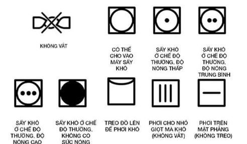 Nhãn kí hiệu đính kèm quần áo giúp người sử dụng, bảo quản quần áo đúng cách.

* Một số kí hiệu về hướng dẫn cách giặt quần áo:

* Một số kí hiệu về hướng dẫn sử dụng chất tẩy:

* Một số kí hiệu về hướng dẫn về việc vắt và sấy quần áo:

* Một số kí hiệu về hướng dẫn ủi/là quần áo: