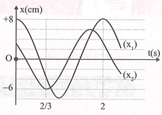 Trên trục x có hai vật tham gia hai dao động điều hòa cùng tần số với các li độ x1    và x2   có đồ thị biến thiên theo thời gian như hình vẽ. Vận tốc